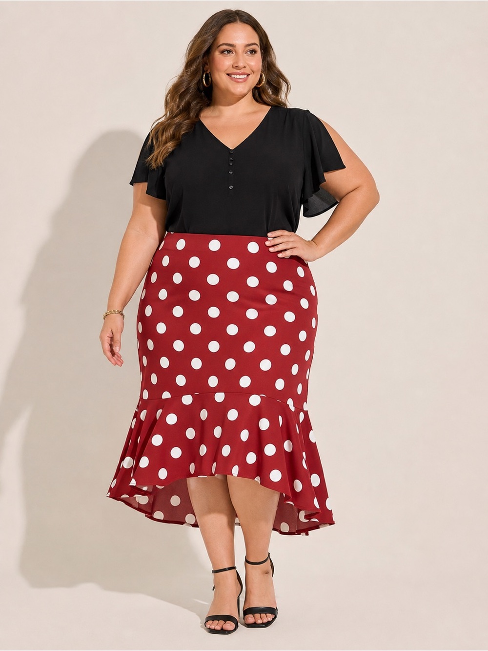 High-Low Polka Dot Flounce Skirt - Red & White